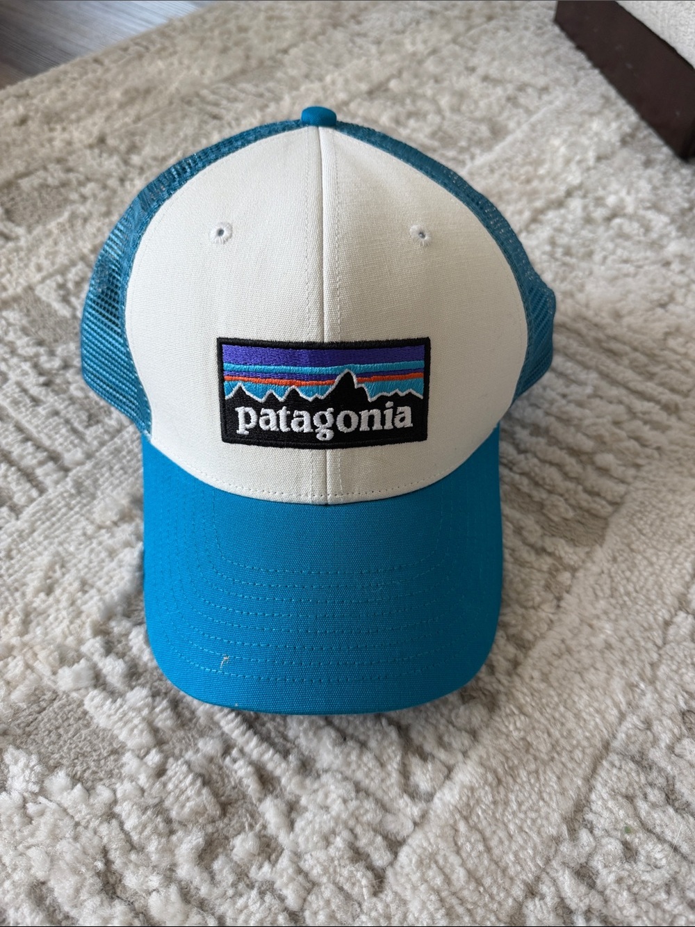 Patagonia White and Teal Trucker Hat with Logo Patch